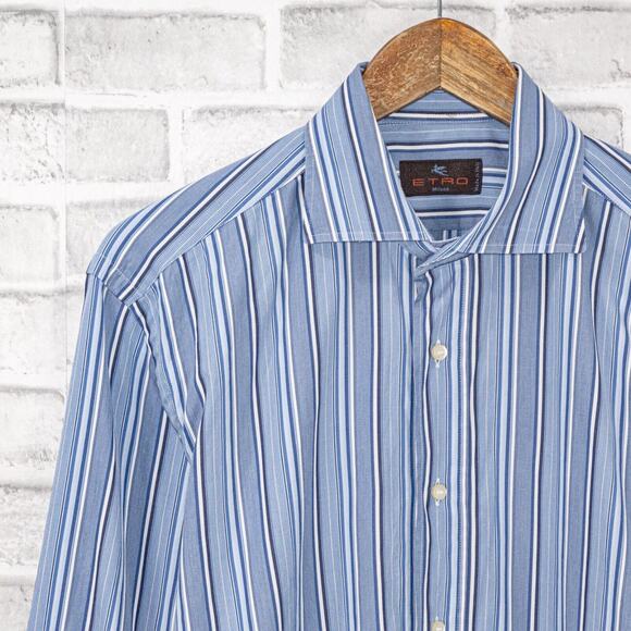 ETRO Milano Button up Dress Shirt in Blue striped cotton size 40 Made in Italy - Picture 5 of 11